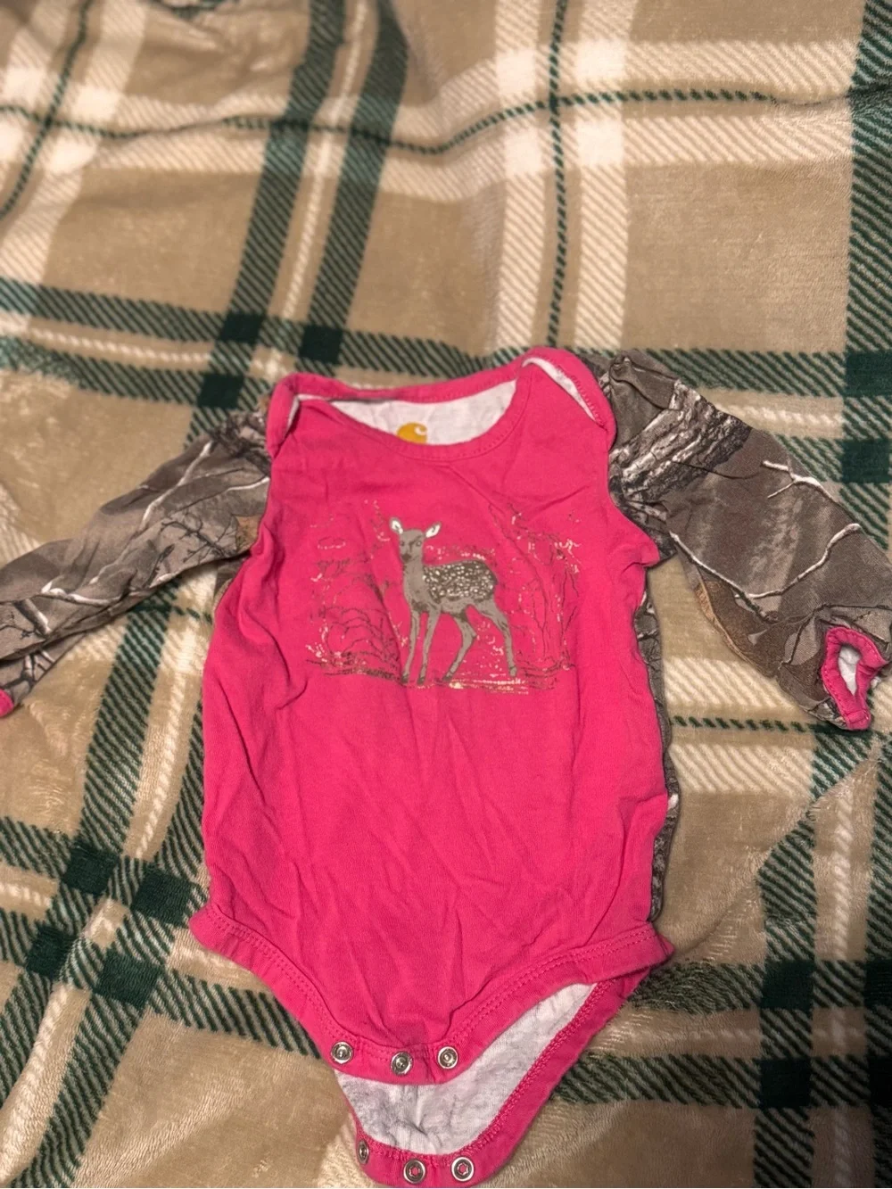 Carhartt Pink Long-Sleeve Baby Bodysuit with Deer Graphic